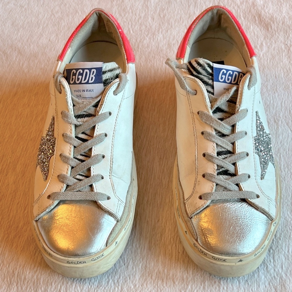 Golden Goose LTD Hi-Star Sneakers - zebra tongue & glitter star Sz 36